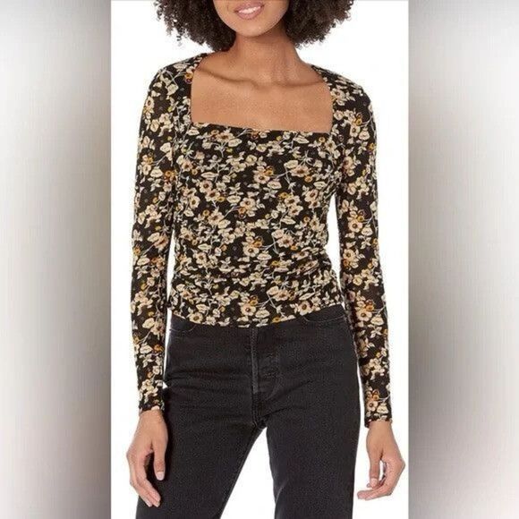 Astr The Label Black Floral Ruched Waist Top Size Medium - Picture 1 of 9
